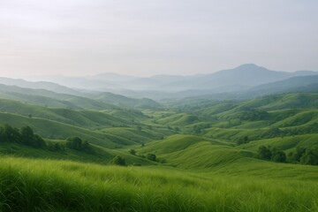 Naklejka premium Lush Green Hills Landscape with Rolling Meadows and Distant Mountains on a Misty Morning