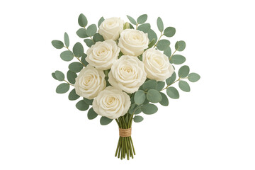 White roses and eucalyptus bouquet against transparent background