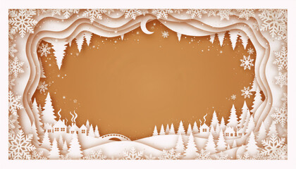 Winter greeting card in caramel tones with paper village