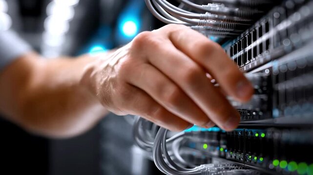 Network technician connecting ethernet cable into server rack, highlighting precision of advanced technological infrastructure in modern data center setting