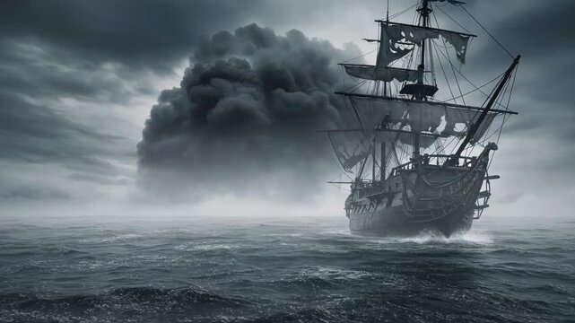Ghost pirate ship sailing on a stormy sea in a dramatic seascape during a squall or storm, dark fantasy adventure concept footage
