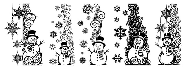 Set of decorative Christmas snowman vertical borders with ornate floral swirls and snowflakes featuring black and white vector silhouette style ideal for laser cutting or holiday dividers