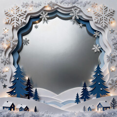 Festive greeting card: silver background with 3D snowflakes and houses