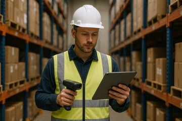 Warehouse Worker with Tablet and Barcode Scanner Conducting Inventory Check Amidst Shelves Lined with Boxes