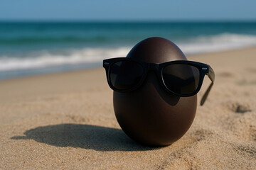 A dark egg wearing sunglasses on the beach. Space for text.