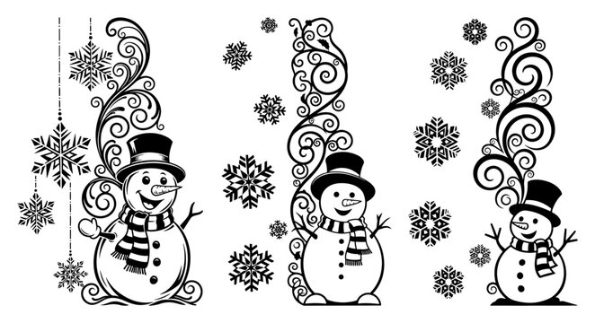 Christmas snowman vector illustration set with decorative floral swirls and falling snowflakes featuring black and white silhouette style perfect for holiday greeting cards and winter decoration