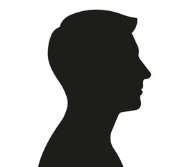 Male head silhouette. Adult man without beard, with neck. Simple black shape, portrait in profile. Simplicity vector illustration, isolated.