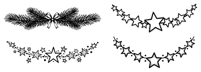 Hand drawn Christmas garland vector illustration set featuring pine branches with bow and star bunting swags in black and white sketch style
