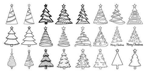 Hand drawn Christmas tree vector illustration set featuring various doodle and sketch fir pine styles isolated on white background for holiday design