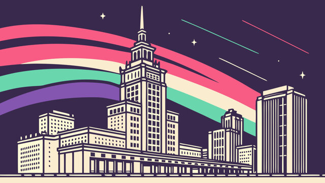A vibrant illustration showcasing warsaws iconic palace of culture and science against a colorful, stylized night sky with shooting stars