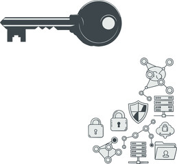 Data Security Illustration with Key and Network Components depicting cyber security protection and secure data transfer with a focus on digital safety and information encryption