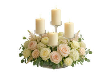 Wedding centerpiece with burning candles and roses