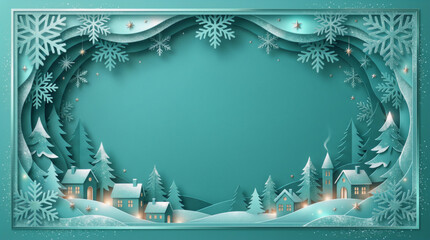 Christmas paper cut background: winter village on turquoise backdrop﻿