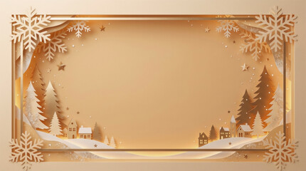 Christmas paper cut background: winter village in golden frame﻿