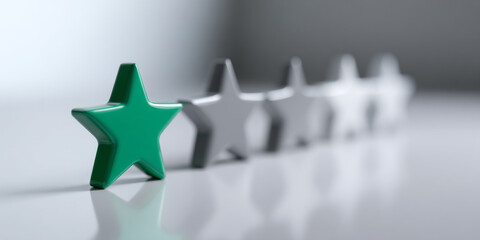 A green star stands out from a row of grey stars on a white surface with blurred background