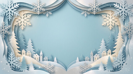 Christmas paper cut background: winter village on light blue backdrop