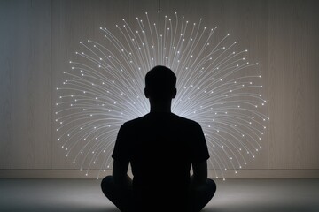Meditating Silhouette with Fiber Optic Halo: Exploring Inner Peace and Connectivity Concepts