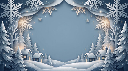 Christmas paper cut background: winter village on blue backdrop﻿