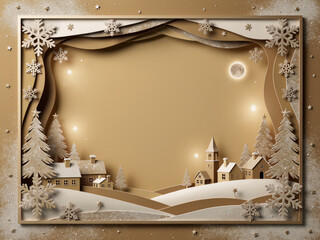 Christmas paper cut background: winter village in golden frame﻿