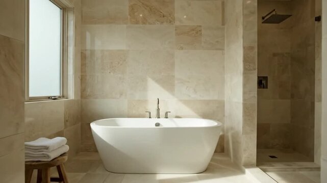 Modern bathroom featuring a freestanding tub, dual sinks, and large windows with a serene view