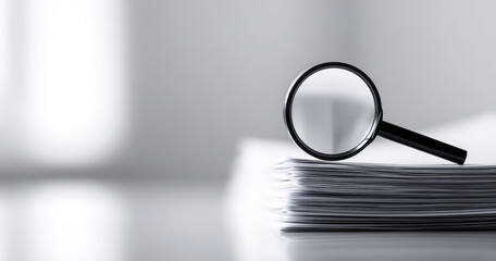 A magnifying glass rests on a pile of documents, suggesting scrutiny or research is being conducted