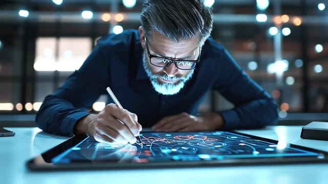 Professional engineer wearing glasses and beard concentrating while drawing intricate digital graphics on large interactive display, blue screen illuminating dimly lit contemporary workspace