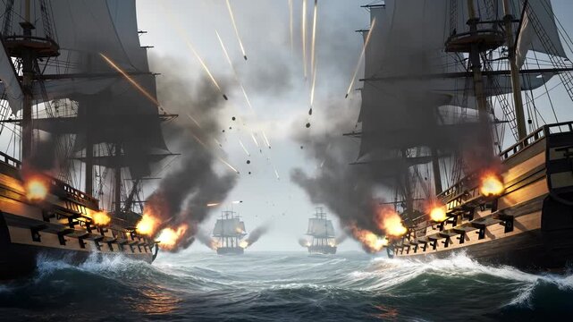 Two pirate sail ships with cannons engaged in fierce naval battle on open sea, cannonballs flying during a sea adventure