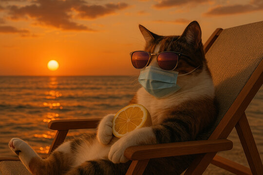 A cat rests in a mask and glasses at sunset by the sea. - Powered by Adobe