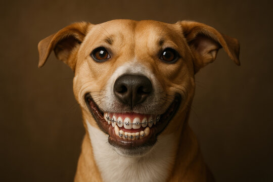 A broadly smiling dog with braces.