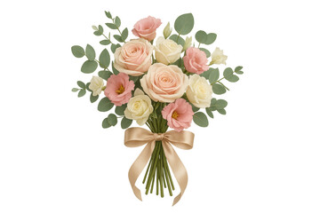 Bouquet of roses and eustoma with eucalyptus and ribbon