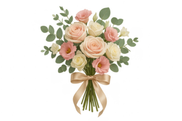 Bouquet of roses and eustoma with eucalyptus and ribbon