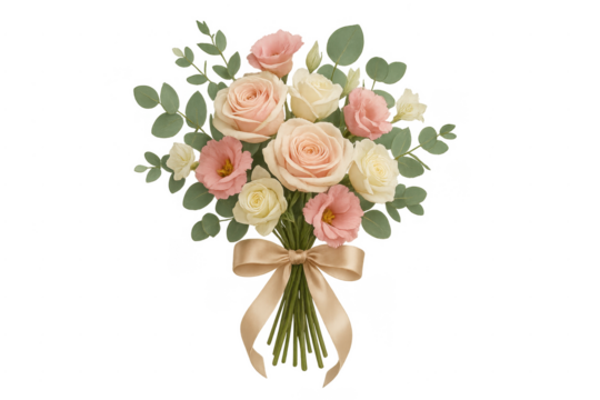 Bouquet of roses and eustoma with eucalyptus and ribbon