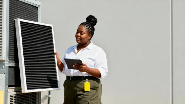 Female HVAC technician holding an air filter and using a tablet for maintenance inspection. Professional woman checking industrial air conditioning unit outdoors with copy space