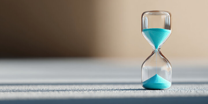 A sand timer with blue grains of sand is shown on a white surface, against a blurred background