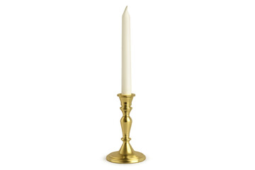 White taper candle in gold candlestick holder unlit