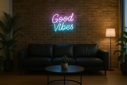 Interior with Neon Good Vibes Sign Above Sofa Against Brick Wall, Accented by Plants and Ambient Lighting