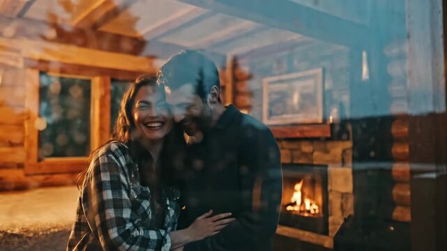 view through window with raindrops on happy caucasian couple laughing inside cozy glamping house on rainy evening. romantic atmosphere with warm fireplace in background.