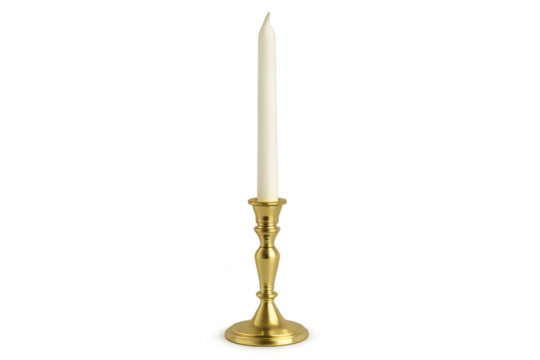 White taper candle in gold candlestick holder unlit