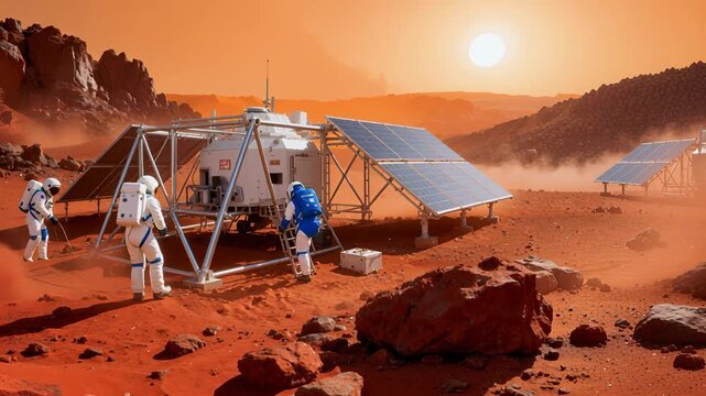 Mission crew working on an extraterrestrial habitat with solar panels. Scientific research and colonization on planet Mars