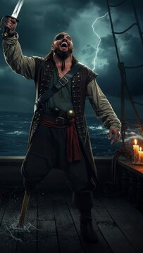 Pirate man with eye patch, smiling, yelling and laughing on a ship deck with a wooden leg during a lightning storm, pirate voyage footage.