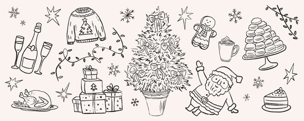 Christmas dinner party sketch with festive doodles bows decorated tree, champagne glasses, roasted turkey, gifts, gingerbread man, garland, dancing Santa and cozy sweater. Crayon vector illustration.