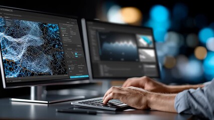 Programming professional creating innovative software at night, coding complex digital interface with advanced tech elements illuminating workstation monitor screen - Powered by Adobe