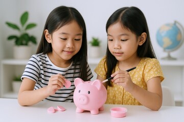 Two Young Girls Saving Money in a Piggy Bank, Demonstrating Financial Literacy and Future Planning