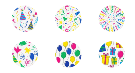 five distinct, vibrant vector circles with hand-drawn party hats, streamers, and confetti patterns isolated on a seamless white background, clean flat lay design. concept for celebratory graphics