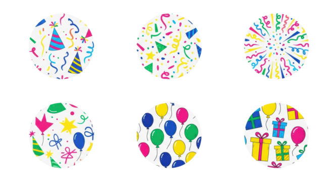 five distinct, vibrant vector circles with hand-drawn party hats, streamers, and confetti patterns isolated on a seamless white background, clean flat lay design. concept for celebratory graphics - Powered by Adobe