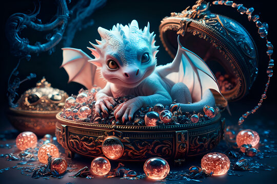 adorable cutest blue dragon kid guarding treasure box. Digital artwork.  AI generated