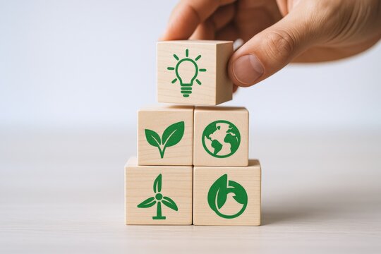 Sustainable energy future depicted with wooden blocks featuring green icons of nature and renewable resources