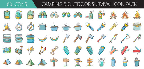 Camping and outdoor survival gear icon pack, adventure essentials, wilderness equipment set