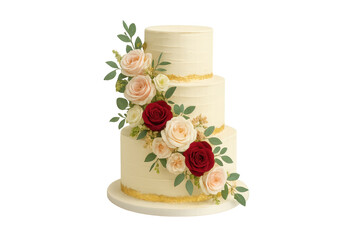 Tiered wedding cake decorated with roses and gold accents