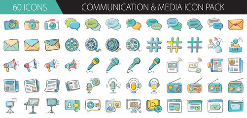 60 hand-drawn vector icons: communication, media, news, social, digital content, broadcast.